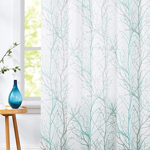FMFUNCTEX Türkis Grau Voile Vorhänge Transparente Leinen Gardinen mit Ösen für Wohnzimmer Zweige Muster Halbtransparente Modern Ösenschal Dekoschal für Schlafzimmer 2er Set, 245 x 127 cm (H x B)