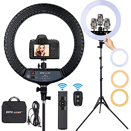 EOTO Light Verbessertes 18-Zoll-LED-Ringlicht mit Stativständer, Ringlicht mit Touchpanel für Make-up-Studio-Portrait-YouTube-Vlog-Videoaufnahmen mit Tragetasche und Fernbedienung, CRI>90