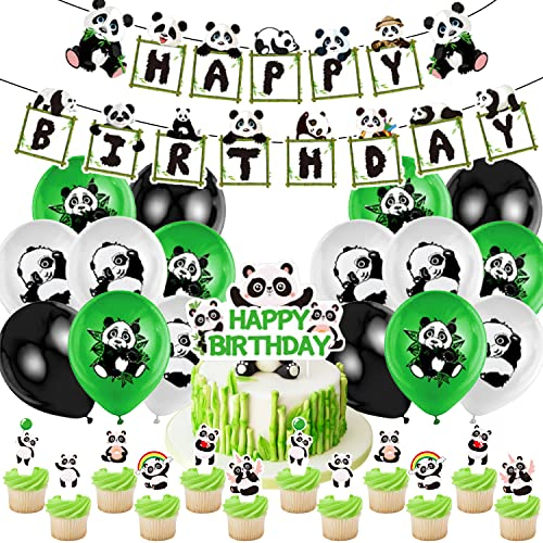 Panda Geburtstagsdeko Set - Party Dekorationen, Happy Birthday Girlande, Luftballons, Cake Topper, Kinder Geburtstag Dekoration, Themen Babyparty, Party Zubehör