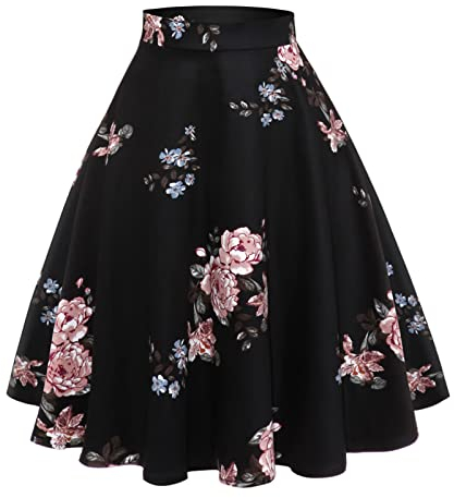 Damen Blumendruck Rock 1950er Jahre Vintage Faltenrock A-Linie Knielänge Rockabilly Midirock Sommer Skater Röcke Schwarz-Rosa XL