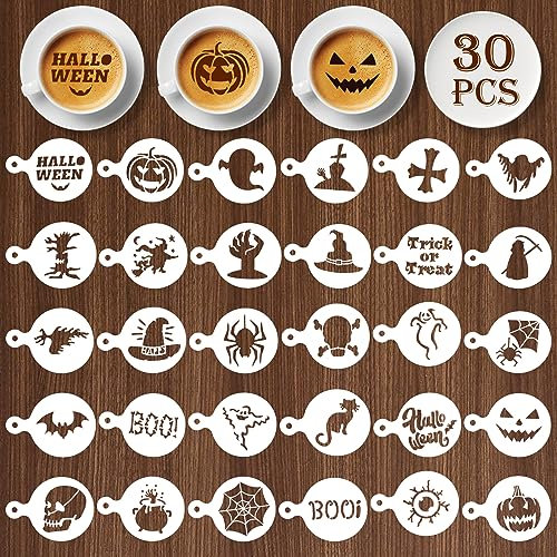 Qpout 30 Stück Halloween-Kaffee-Schablonen Niedliche Halloween-Kuchenschablonen-Schablonen-Dekoration für Halloween-Party-Gefälligkeiten Kuchen-Kaffee-Zubehör Halloween-Handwerk DIY Backen