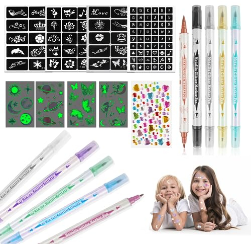 Tatoostifte für Kinder, Tattoo Stifte für Die Haut, 10 Temporäre Tattoo Marker mit 4 Schablone, 4 Leuchttattoos Aufkleber, 1 Glitzersteine Gesicht für Jungen Mädchen Erwachsene Halloween Party