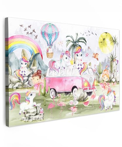 MuchoWow© Leinwand Bilder Groß 120x80 cm XXL Wanddeko Wohnzimmer Aesthetic Room Decor Deko Zimmer Wandbilder Modern Bild auf Leinwand Jugendzimmer - Einhorn - Regenbogen - Kinder - Mädchen - Auto