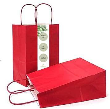 DeinPack 50 Papiertüten 18 x 8 x 24 cm aus Kraftpapier, Papiertüten mit Henkel, Geschenkverpackung, Geschenktüten, Gastgeschenke Tüten, Mitgebseltüten, Geschenktüten Set - rote Papier Tüten