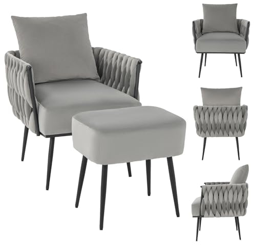 RELAX4LIFE Sillón de relax con taburete, sillón de salón con cojín otomano, sillón de televisión con patas de metal, sillón con orejas de terciopelo, profundidad del asiento 57 cm, soporta hasta 150