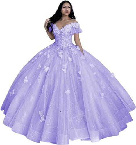 TSxuelian Vestido de quinceañera con hombros descubiertos para mujer, vestido de baile con mariposa 3D, 16 vestidos para adolescentes, vestido de tul hinchado, Lila, 48