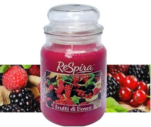 RESPIRA Candela Profumata, Aroma Frutti di Bosco, 500g, Durata 100h, Giara di Vetro Elegante con Coperchio, Stoppino in Cotone, Made in Italy