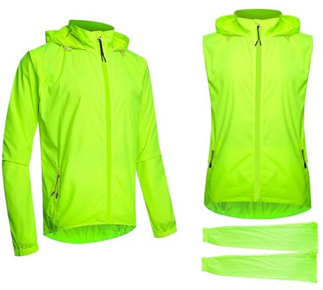 Erwachsene Fahrradjacke für Outdoor-Sportarten Herren Damen Sommer-Radtrikot 2-in-1 abnehmbarer Langarm-Fahrradmantel wasserdichte winddichte Laufoberbekleidung, gut sichtbare Hybridweste,Green-XL