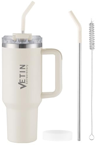 VETIN 40oz Thermobecher mit Strohhalm und Henkel, 1200ml Kaffeebecher to Go, Doppelwandiger Edelstahl Vakuum Isolierbecher, Tragbare Autobecher für Kalte Heiße Getränke (Cremeweiß)