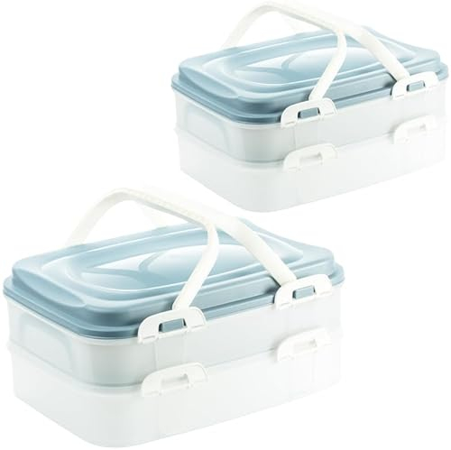 LIVINJA Kuchen Transportbox & Cupcake/Muffin Transportbox - 2er Partycontainer, Kuchenbehälter mit praktischem Hebeeinsatz, Clickverschlüssen & Tragegriffen, 2 Etagen, 40x30x18cm, Made in EU, Blau