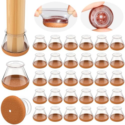 PISAO Protection Pied de Chaise, 32 pièces Transparent, Ronds Patins pour Chaises en Silicone avec Feutre épaissi, Convient aux planchers de Bois Franc (Fit:14-20mm)