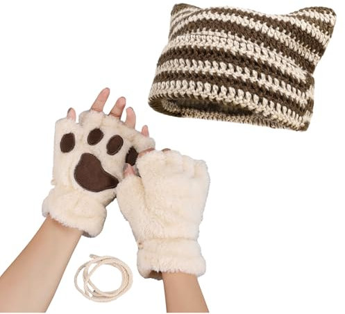 yolrdiw Therian Stuff Niedliche Katzenmütze, pelzige Pfoten, fingerlose Handschuhe, Grunge Emo Fairycore Kleidung, Y2K Zubehör, Kaffee / Beige, Einheitsgröße