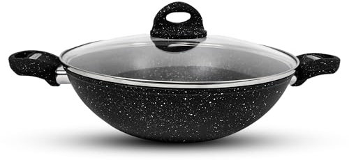 AKH HOUSEWARE Non Stick Wok 24CM Deep Frying Pan with Lid Forged Aluminum Induction Hob Pan with - Double Handle - Soft Touch - Saute Pan/Deep Stir Fry Pan (24CM)