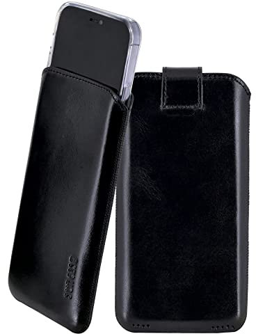 Suncase Etui Tasche kompatibel mit iPhone 16 Pro Max (6,9 Zoll) Hülle mit ZUSÄTZLICHER Case/Schale/Bumper Lasche mit Rückzugfunktion Handytasche Ledertasche Schutzhülle in schwarz