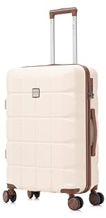 ATX Luggage Medium Suitcase on 4 Dual Spinner Wheels Super Lightweight ABS Hard Shell Hold Check in with Built-in TSA Lock (Off-White/Brown, 65Liter)