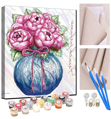 KANGBAWA Paint by Number for Adults Beginner Canvas Art Plant Peony Pot Painting by Numbers Kits with 3 Brushes and Acrylic Paint(16X20 Inch)