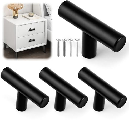 GlasFlength 4 Piezas Tiradores Cocina Negro 50 mm Tiradores Armarios, Tirador de Barra en T Pomos y Tiradores Mate Un Solo Agujero Manijas de Acero Inoxidable para Cajones Dormitorio Armario Aparador