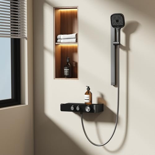EMKE Duschset mit Thermostat Anthrazit Matt, Duscharmatur Komplettset, Komplette Duschset inkl. 3 Strahlarten Handbrause, Brausestange und Schlauch, Duscharmatur mit Thermostat