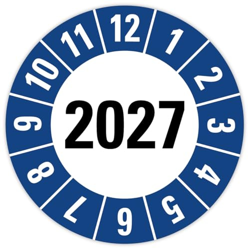 25 Stück – Jahresprüfplaketten Aufkleber Etiketten „2027 auf Bogen Folie selbstklebend, Blau | Ø 15-40 mm Made in Germany, Größe: Ø15 mm