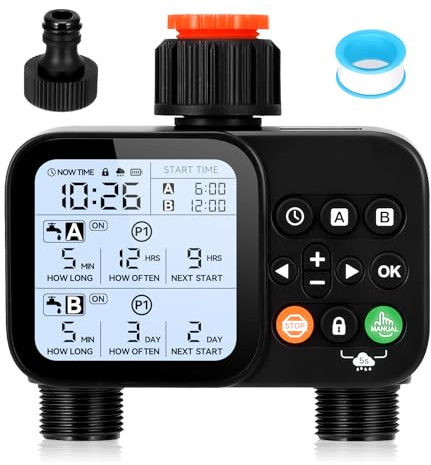 Water Timer 2 Outlets,Automatic Irrigation Timer with Rain Delay Auto&Manual Mode,Garden Lawn Irrigation System,IPX5 Waterproof Automatic Watering Hose Timers for Yard,Garden,Lawn Irrigation