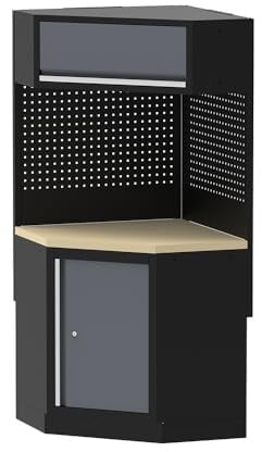 FEISTOS Werkstatteinrichtung Apollo Eckschrank 86x46x200 cm Schwarz Stahl | Pulverbeschichteter Eckschrank mit abschließbarem Unterschrank und robuster Multiplex-Arbeitsplatte für viel Stauraum.