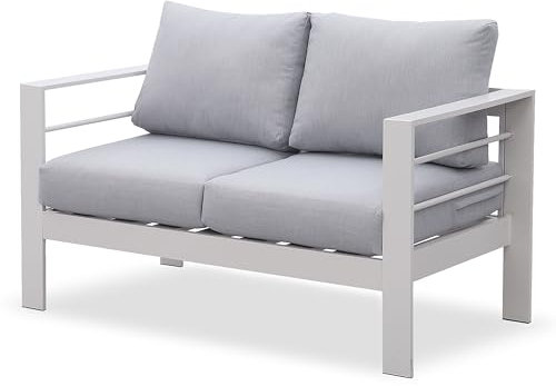 MeXo Outdoor Sofa 2 Sitzer Aluminium wetterfest 128×65×66cm, 12cm Deluxe Relax-Sitzkissen, Lounge Sofa Outdoor Alu Metall Weiss