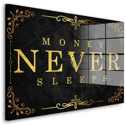 Money Never Sleeps Gold Acrylglas Wandbild Bild Wanddeko Wohnzimmer XL Größe 120x80cm