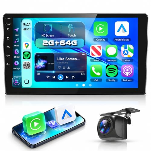 Motorsi Android Radio 2-DIN Autoradio mit IOS Carplay, 9'' 1080P HD Touchscreen Auto Radio 2+64G mit GPS Navi Bluetooth Android Auto WLAN Dual USB+AHD Rückfahrkamera