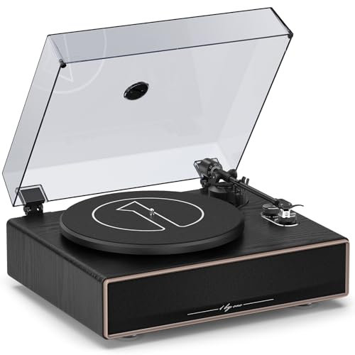 1 by ONE Plattenspieler mit Lautsprechern, All-in-One Vinyl-Player mit Bluetooth, AT-3600L Tonabnehmer, Riemenantrieb, Phono-Vorverstärker & RCA-Ausgang (33/45 RPM)