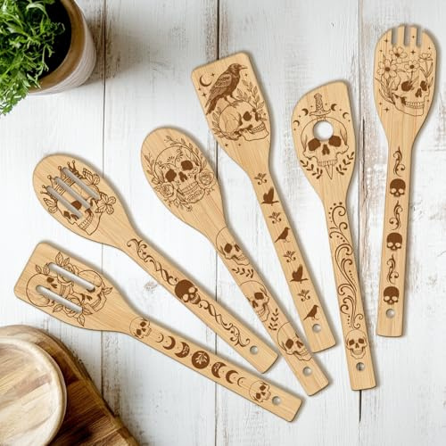 CUTHOLLOW 6PCS Skull Crow Wooden Kitchen Cooking Utensil Set | 11.9in Non Toxic Bamboo Wood Spoon Set for Cooking, Best Housewarming Halloween Decor Gift for Women Mother