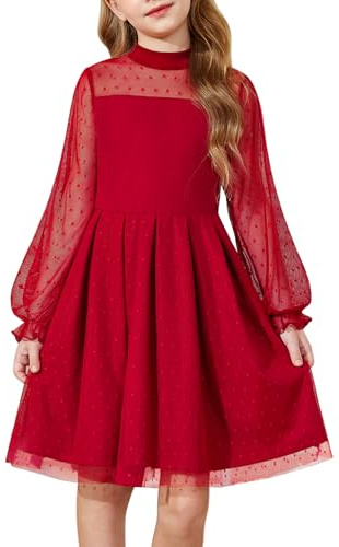 Arshiner Robes Fille Mesh Manches Longues Robe Fête Col Rond Décontractée Unicolore Robe Enfant Trapèze Mi-Longue Robes pour Enfants 6-14 Ans