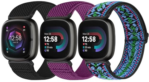 Bcuckood Elastisches Armband Kompatibel mit Fitbit Versa 4/Versa 3/Fitbit Sense 2/Sense für Damen Herren, Nylon Weich Verstellbar Dehnbar Solo Loop Ersatzriemen Uhrarmband