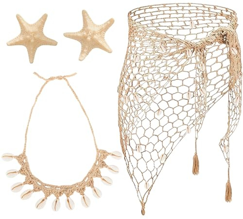 PartyforU Meerjungfrau Kostüm Damen Für Sommerstrand Hawaii Party Faschingskostüme Karneval 4er Set Mit Boho Seehellen Halskette Seestern Haarnadeln Und Crochet Skirt Kostümierbedarf