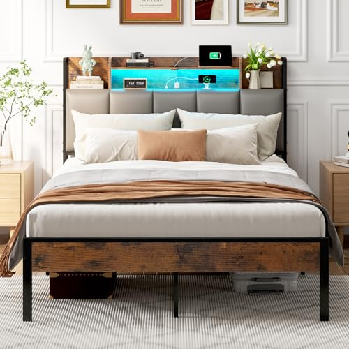 ODK 4ft6 Double Bed Frame with Storage Upholstered Headboard | LED Light & Charging Station, Platform Metal Bed Frame Double with Underbed Storage, Strong Metal Slat Support