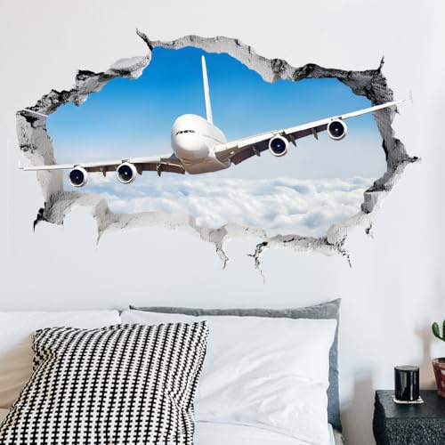 SUPERDANT 3D Airplane Wall Sticker Plane Break Through Wall Decal Home Peel and Stick Large Size Vinyl Art Mural for Boys Room Bedroom Livingroom Playroom Decoration Aviation Enthusiasts Gifts