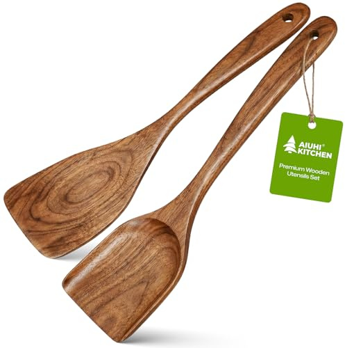 AIUHI 2-Piece Teak Wooden Spatula Set, Wooden Cooking Spatulas for Flipping, Stir-Frying & Serving, Nonstick-Safe Wooden Kitchen Utensils