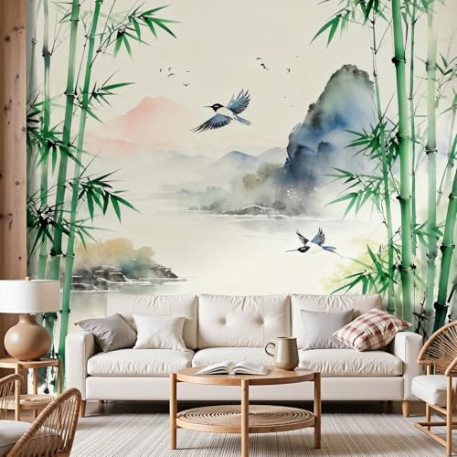Dyjuaa Natur Landschaft Fototapete 350x256 cm Gebirge Seen Bambus Tapete Landschaftsmalerei Fototapeten Vlies Tapeten Vliestapete Wandtapete Wandbild Wand Schlafzimmer Wohnzimmer Ornament