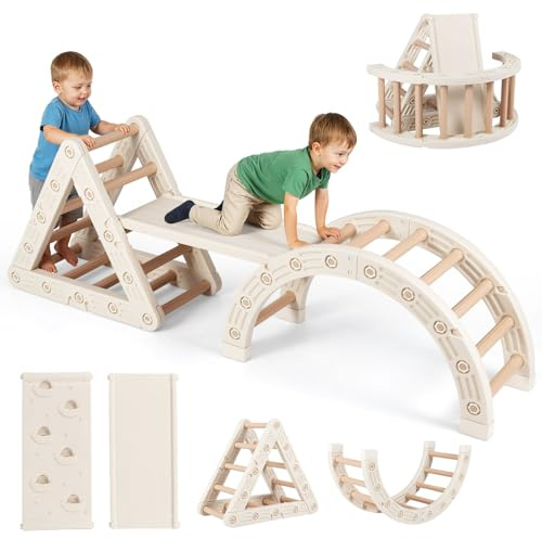 Costway 5-in-1 Klettergerüst Indoor, Kletterdreieck mit Kletterbogen & Holzdreieck & Rutsche, inkl. doppelseitige Rampe, Spielgerät faltbar für Kinder von 3-6 Jahren