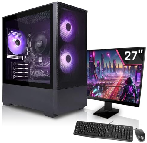 SYSTEMTREFF PC Gamer Basique Complet Set - AMD Ryzen 5 5600GT - 16Go RAM | AMD 6 cœurs jusqu'à 4.6 GHz, Radeon RX Vega 4K HDMI, Windows 11, 27 pouces écran TFT, pour le gaming