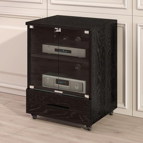 Audio Rack HiFi Regal mit Glas-Türen und Rollen, Stereo-Rack-Soundturm für Komponenten, Phonoschrank mit verstellbaren Böden, TV Schrank für Wohnzimmer(Black,H 77cm/30.3in)