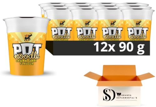 Pot Noodle Original Curry 90g (Pack of 12) – Premium Quick Cooking Noodle Cups Wholesale Bulk Box with Sweet Mango Chutney Sauce Sachet