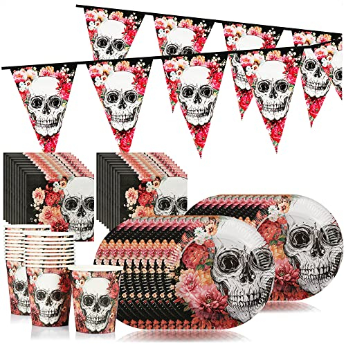 com-four® Juego de fiesta de 61 piezas Día de los Muertos - vajilla de cartón, servilletas, banderines con calavera para Halloween, Día de los Muertos y fiestas infantiles (Set 4-61 piezas)