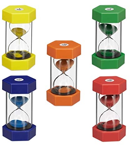 Relaxdays Sabliers lot de 5 XXL pour enfants, Minuteur, 1/5/10/15/30 minutes, plastique, verre, incassable, multicolore