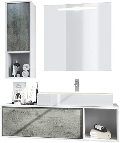 Vladon Badmöbel Komplettset La Costa, Made in Germany, Korpus in Weiß matt/Fronten in Beton Dunkel Optik, mit Aufsatzwaschbecken, Armatur und LED Spiegel