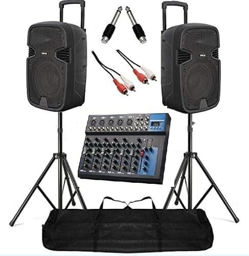 IMPIANTO AUDIO COMPLETO 2 casse amplificate 900w attive + mixer 7 Ch USB + stativi con borsa + cavo 3 mt + 2 adattatori