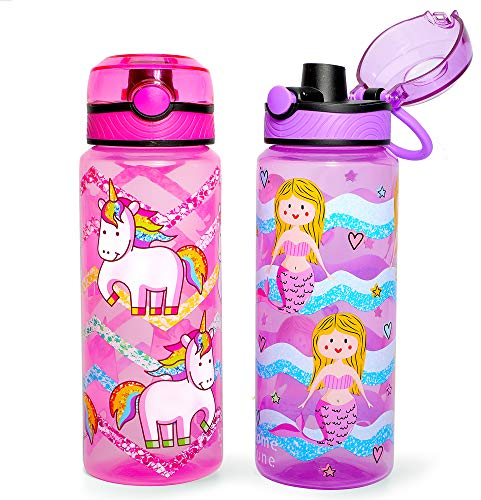 Home Tune Kids Water Drinking Bottle (680ml) - BPA Free, Auto Push Button, Chug Lid, Carry Loop Lightweight, Leak-Proof Water Bottle with Cute Design For Girls & Boys - 2 Pack Unicorn & Mermaid
