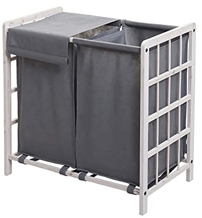 Wäschesammler HWC-B60AM, Laundry Wäschebox Wäschekorb, Massiv-Holz 2 Fächer 60x60x33cm 68l - shabby weiß, Bezug grau