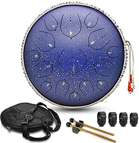 Zungentrommel aus Stahl, 15 Töne, 35.6 cm, Blau, D-Key – Handpan Percussion Instrument – Tank Chakra Trommeln mit gepolsterter Reisetasche, 2 Schlägel, Dekompression, Musik und Geschenk