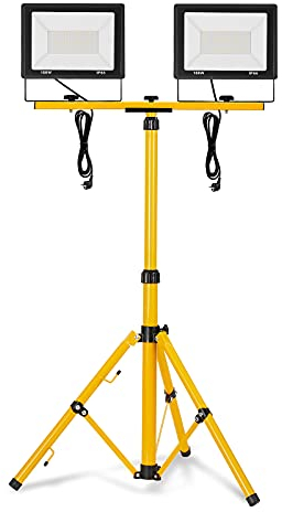 Froadp 2x100W Spot de Construction LED avec Trépied, Projecteur LED Boîtier en Aluminium avec 3m Câble et EU-Prise, Lampe de Travail LED Portable étanche IP66 pour Camping Garage Atelier(Blanc Chaud)