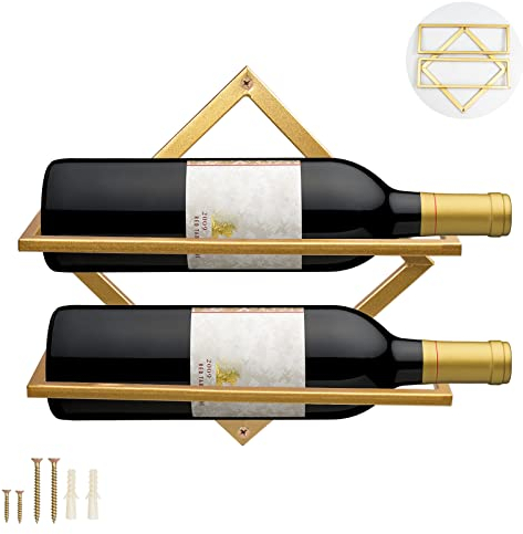 MERYSAN Supports Muraux pour Bouteilles de Vin en Métal, Rganisateur de Casier à Vin Suspendu Pliable pour 2 Bouteilles d'alcool, Étagère Murale Casier à Vin pour Cave De Bar De Cuisine (1, Gold-A)